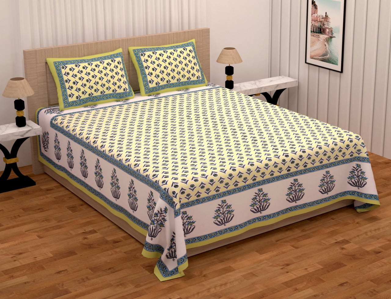 Beautiful Lemon Base Flower Mughal Print King Size Cotton Bed Sheet