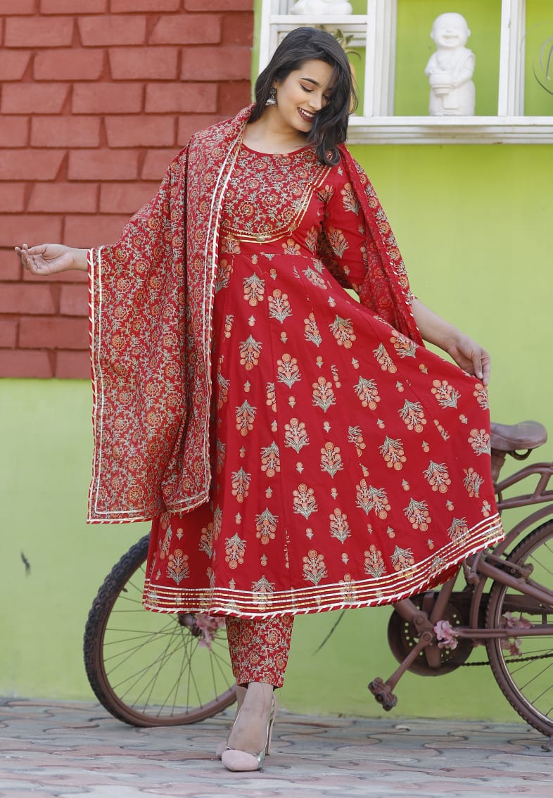 Red Flower Print Anarkali Cotton Gown with Pant & Dupatta - Gota & Zari Work