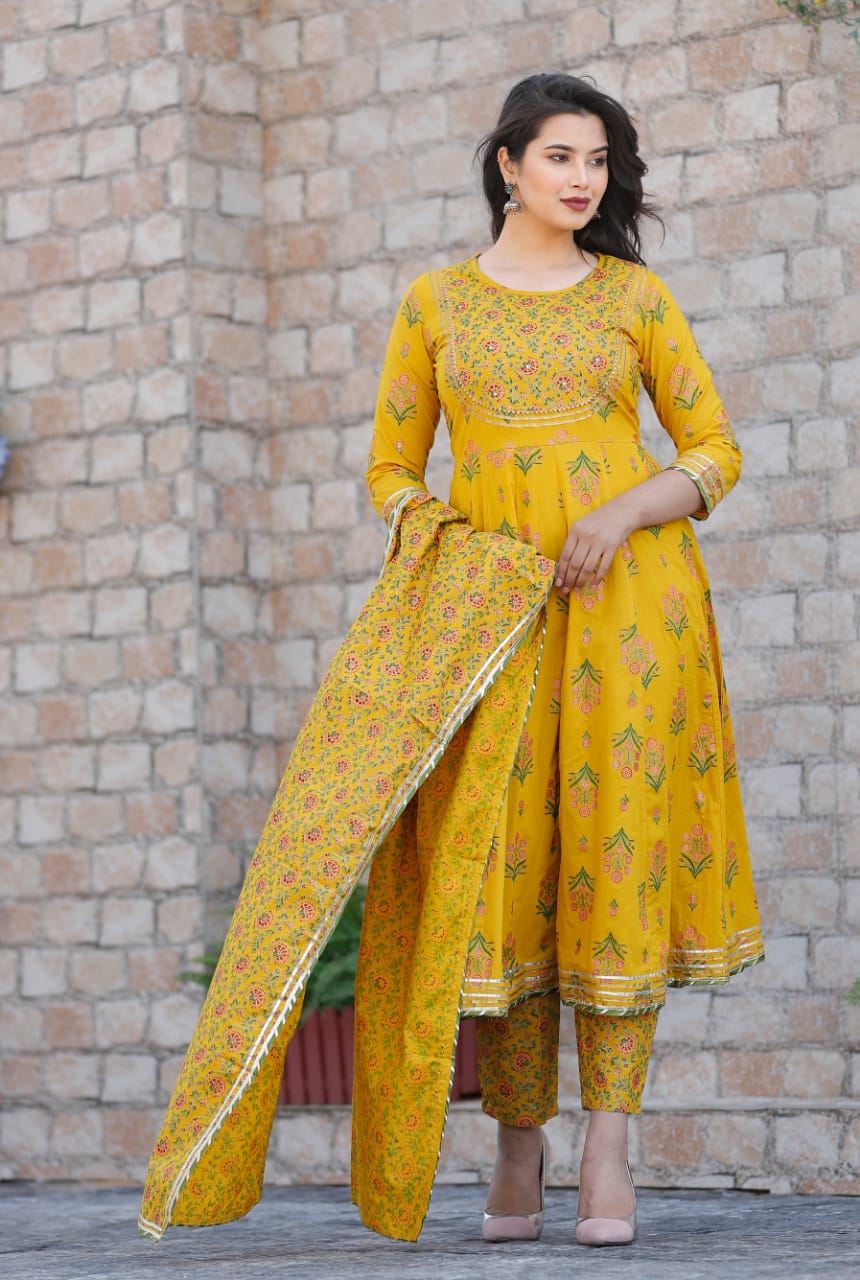 Yellow Flower Print Anarkali Cotton Gown with Pant & Dupatta - Gota & Zari Work