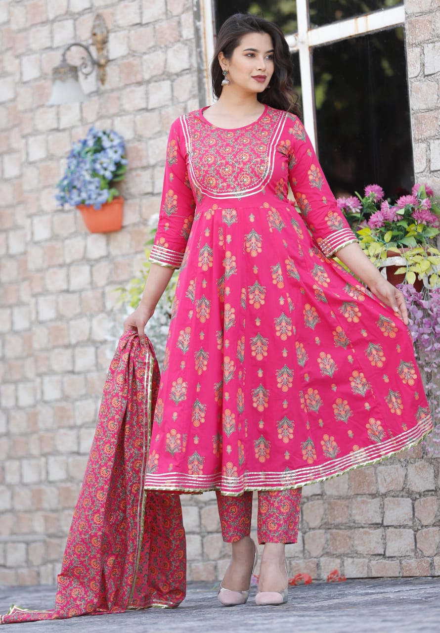 Pink Flower Print Anarkali Cotton Gown with Pant & Dupatta - Gota & Zari Work
