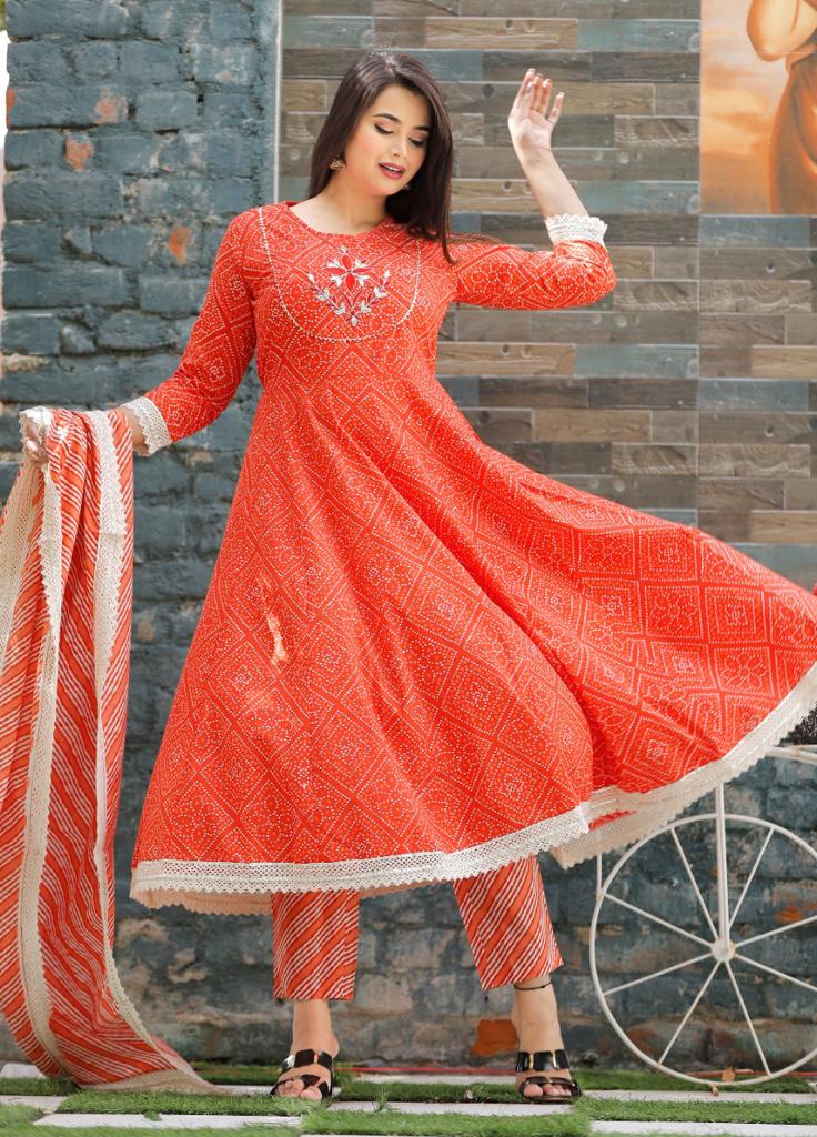 Orange Flower Print Cotton Bhandani Anarkali Gown with Pant & Dupatta