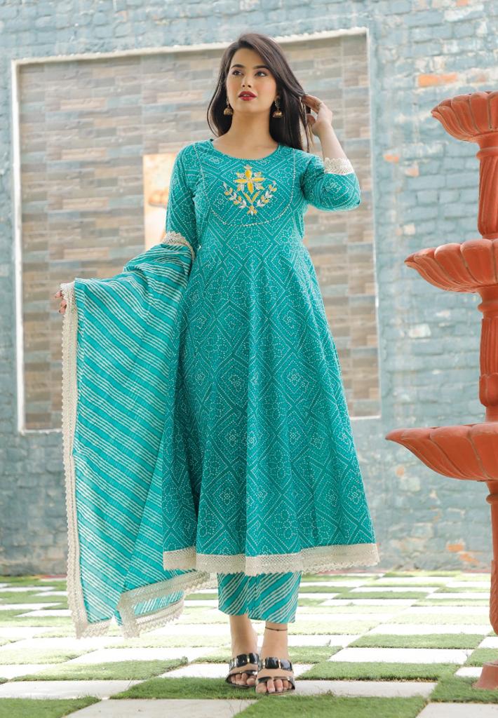 Sea Green Flower Print Cotton Bhandani Anarkali Gown with Pant & Dupatta