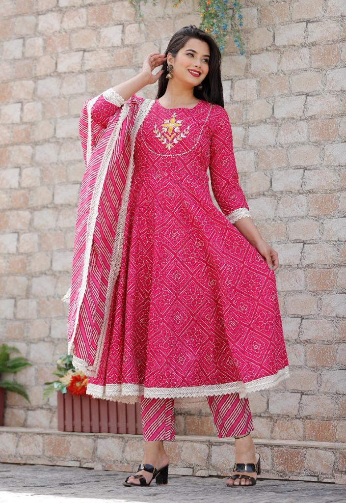 Pink Flower Print Cotton Bhandani Anarkali Gown with Pant & Dupatta