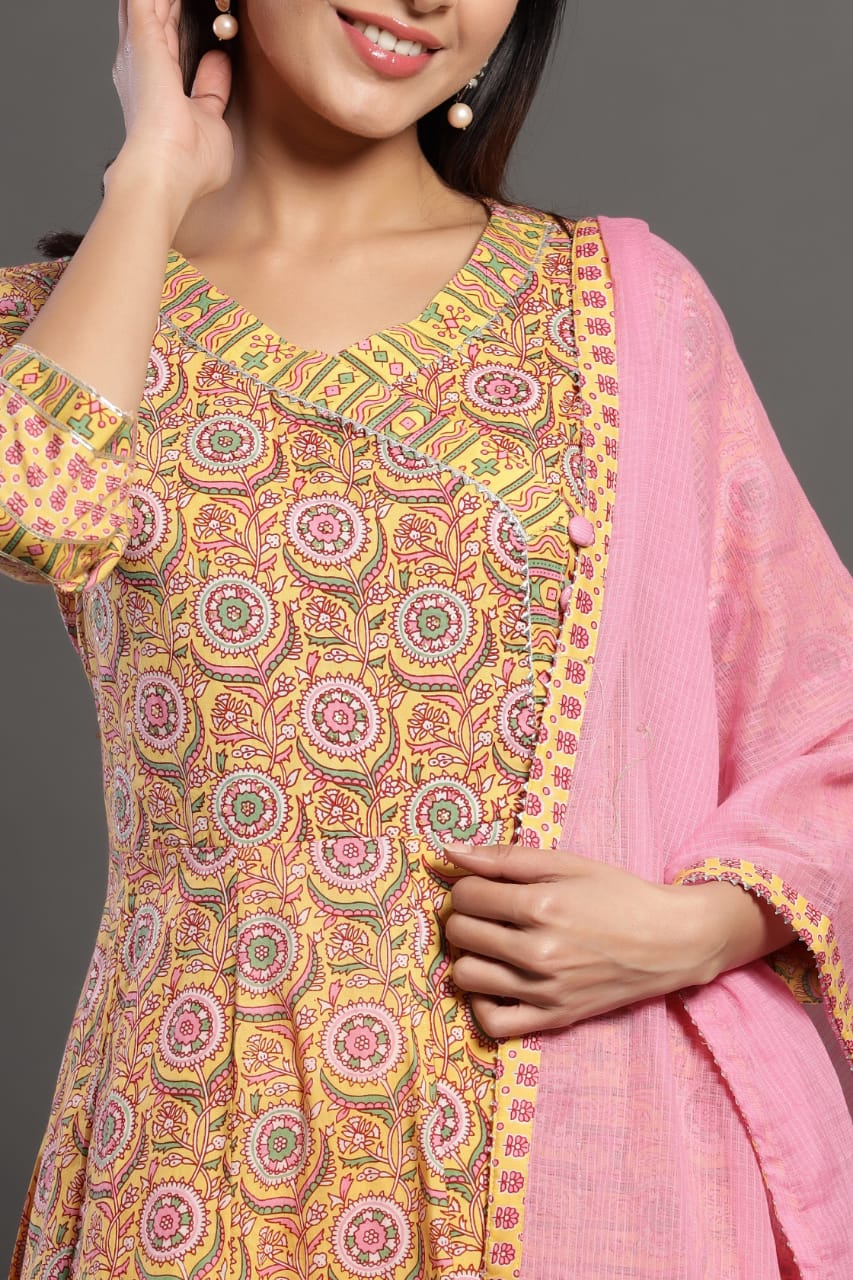 Peach Flower Print Cotton Anrakha Gown with Pant & Dupatta - Gota Work & Tassles