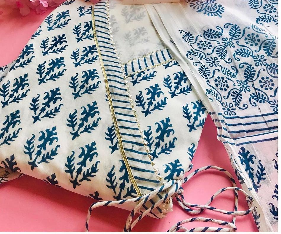 Blue Flower Print Cotton Anrakha Gown with Pant & Dupatta