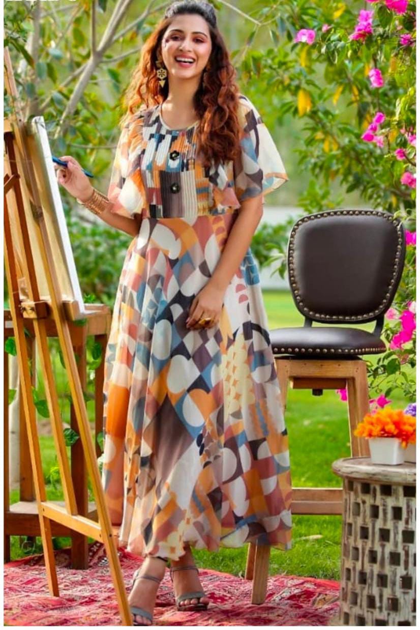 Multicolor Shape Tie Die Chiffon Print Frock with Bell Sleeves & Matching Mask