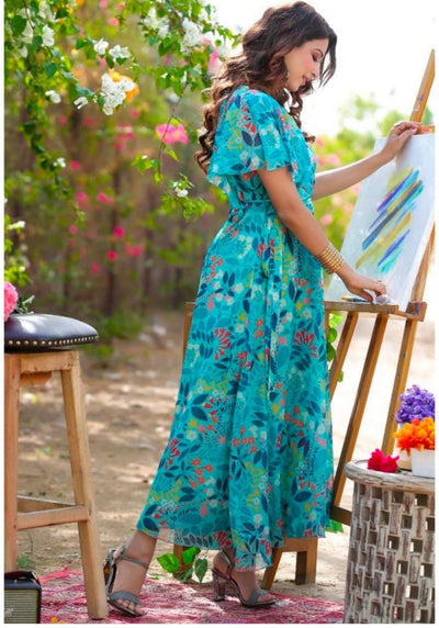 Sky Blue Flower Tie Die Chiffon Print Frock with Bell Sleeves & Matching Mask