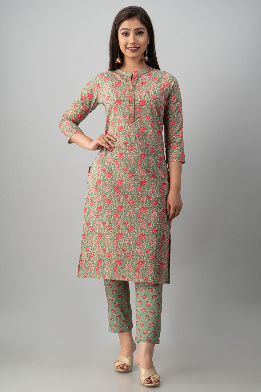 Green Flower Cotton Kurti With Pant