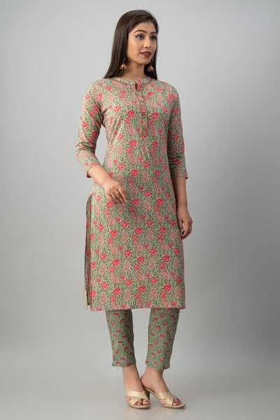 Green Flower Cotton Kurti With Pant