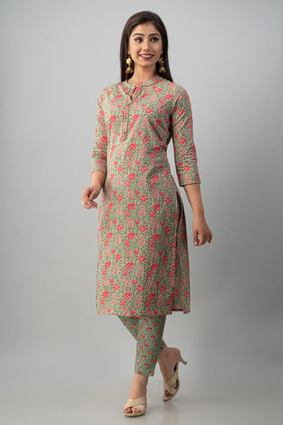 Green Flower Cotton Kurti With Pant