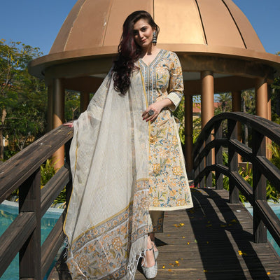 Light Green Flower Print Stitched Cotton Suit Set with Cotton Dupatta