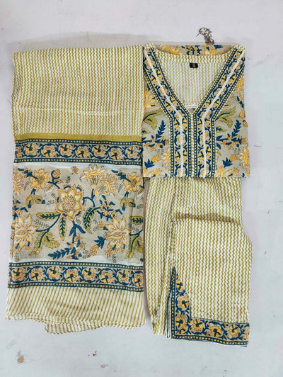 Light Green Flower Print Stitched Cotton Suit Set with Cotton Dupatta