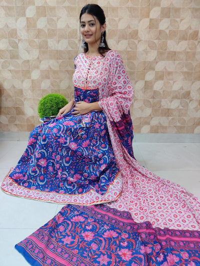 Blue Flower Print Anarkali Cotton Gown with Pant & Dupatta