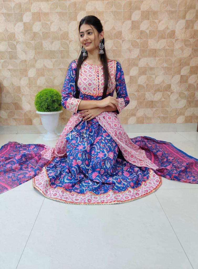 Blue Flower Print Anarkali Cotton Gown with Pant & Dupatta