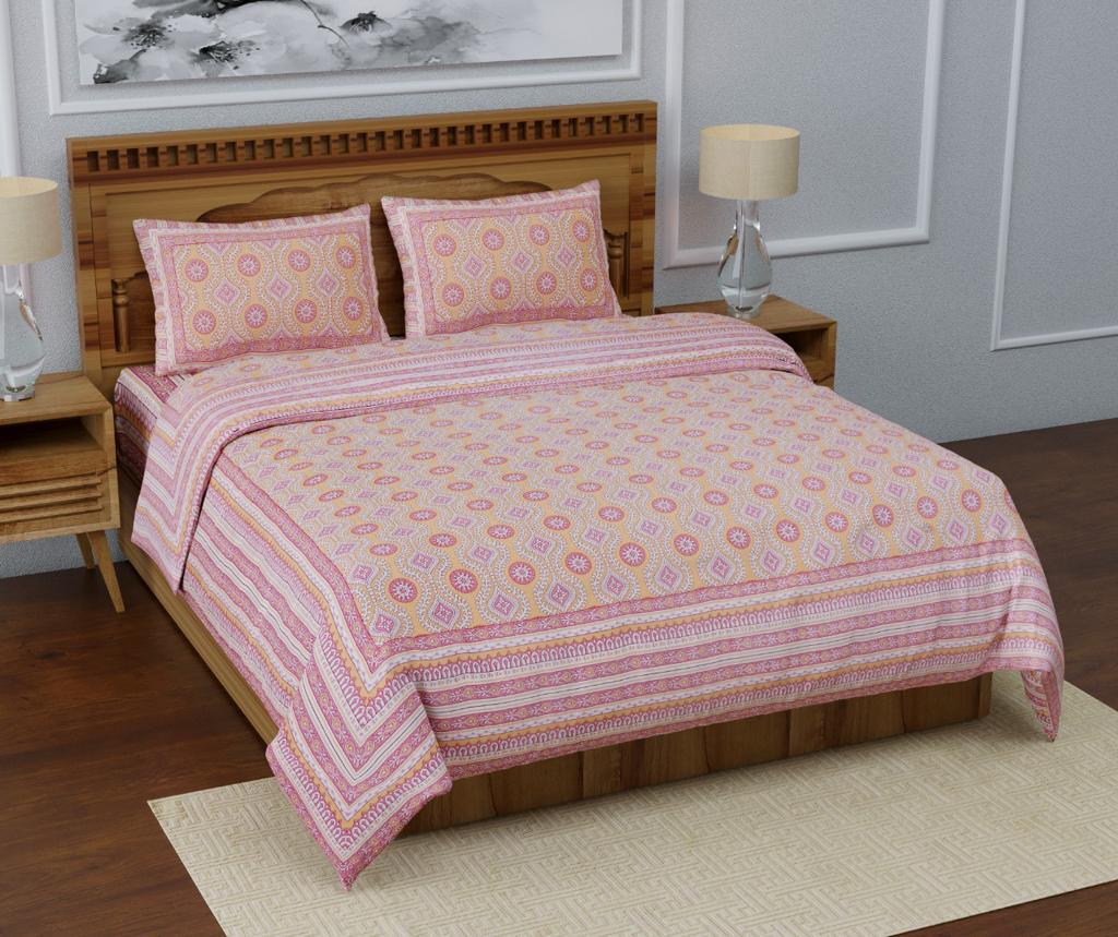 Beautiful Orange Base White and Pink All Over Booti  Print XXL 108*108 King Size Pure Cotton Bed Sheet