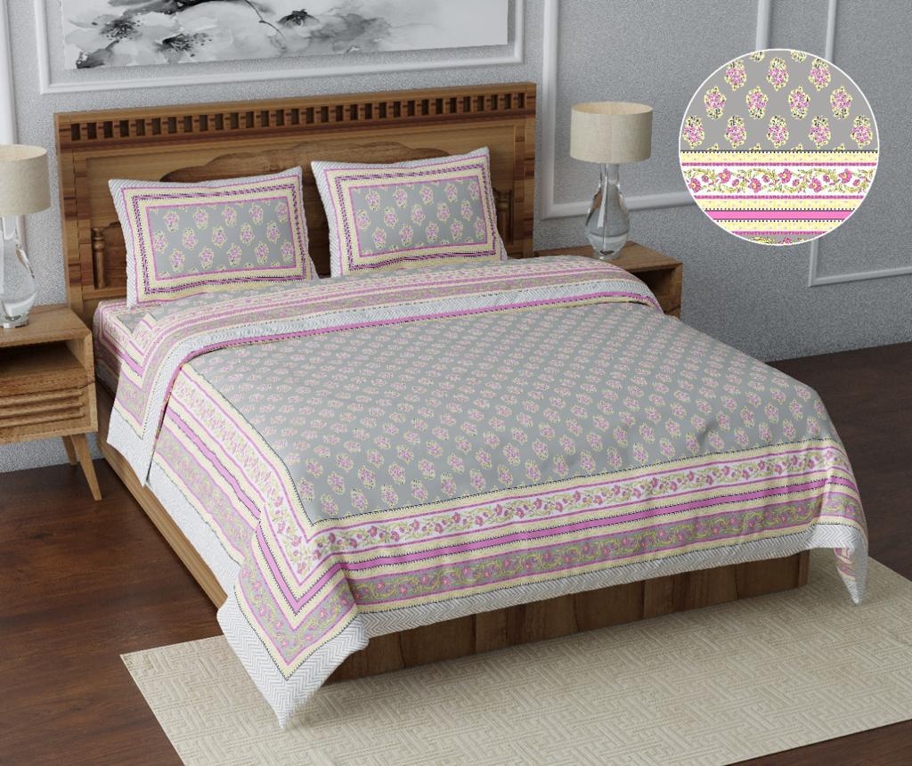 Beautiful Mint Green Base Pink and Yellow Small Booti Print XXL 108*108 King Size Pure Cotton Bed Sheet