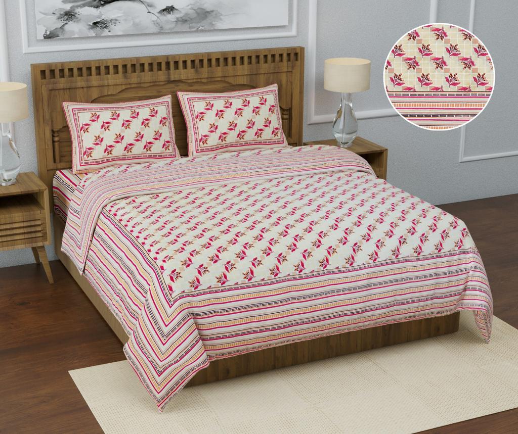 Beautiful Beige Base Pink and Brown All Over Leaf Booti  Print XXL 108*108 King Size Pure Cotton Bed Sheet