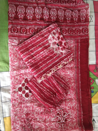 Red Flower Print Cotton Kurti Pant & Dupatta