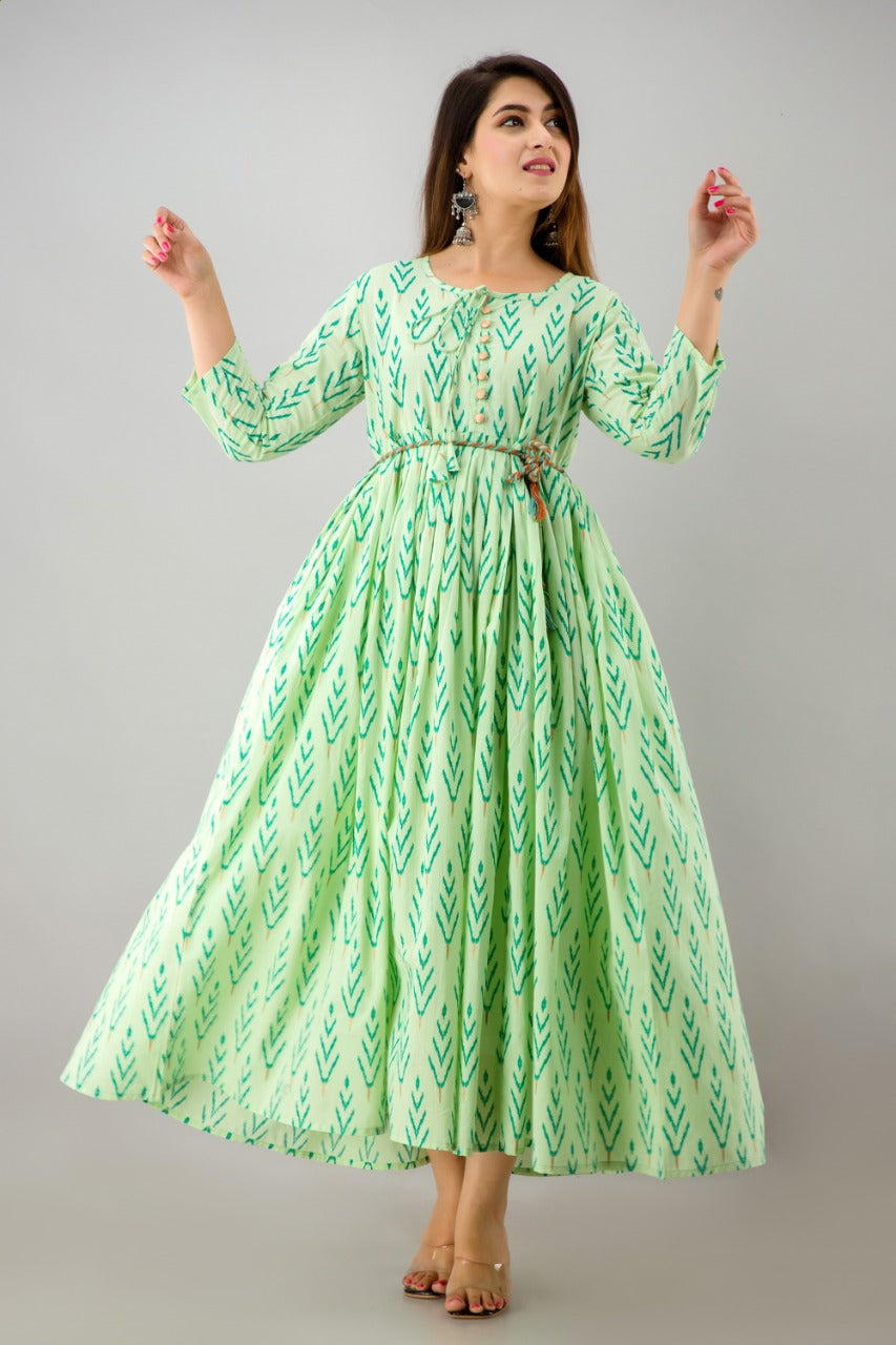 Green Leaf Print Cotton Gown With Belt & Button