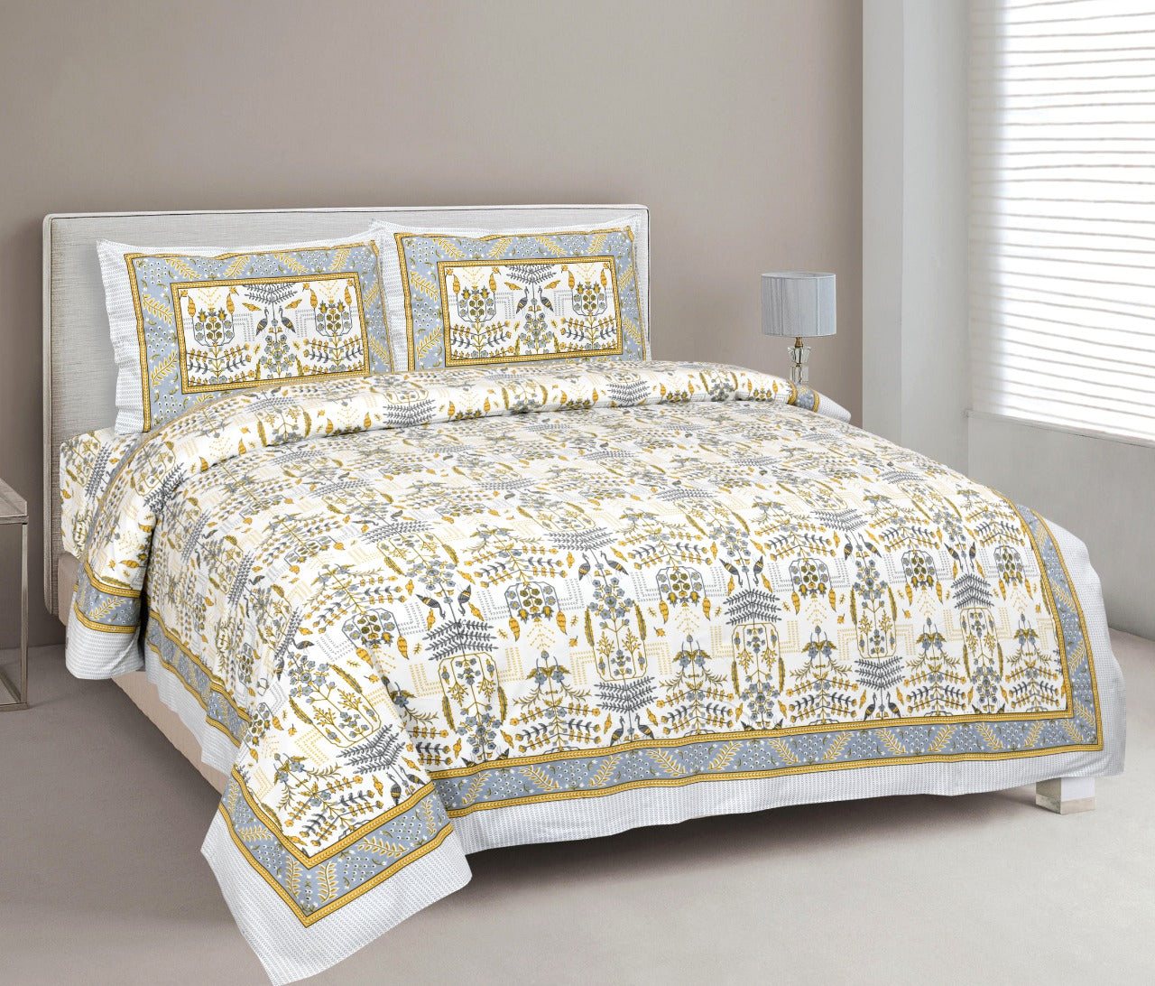 Beautiful & Soothing Mustered with Grey MultiColor All Over Print King Size Pure Cotton Bed Sheet
