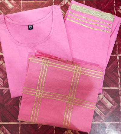 Pink Checks Printed Cotton Kurti with Pant & Dupatta