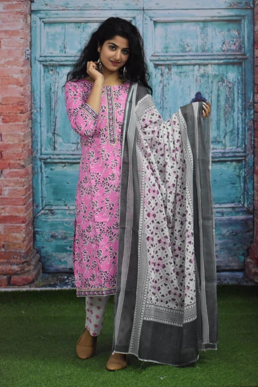 Pink Flower Print Stitched Cotton Suit Set with Kurti, Pant & Dupatta