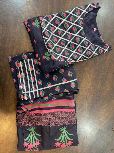 Black Flower Print Stitched Anarkali Cotton Suit Set with Kurti, Pant & Dupatta