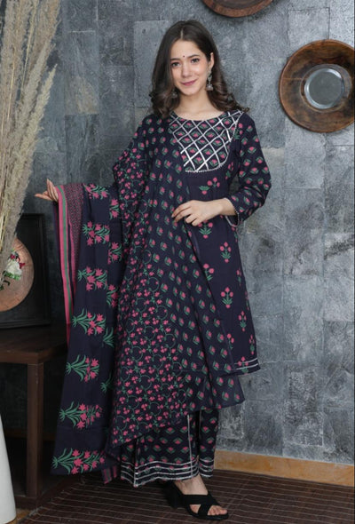 Black Flower Print Stitched Anarkali Cotton Suit Set with Kurti, Pant & Dupatta