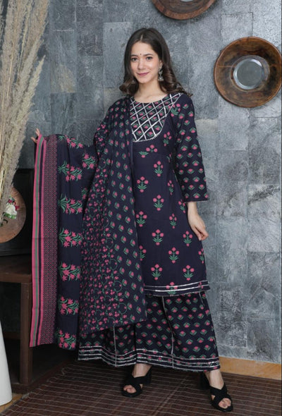 Black Flower Print Stitched Anarkali Cotton Suit Set with Kurti, Pant & Dupatta