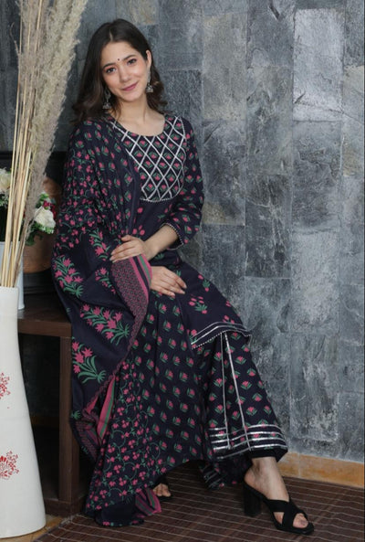 Black Flower Print Stitched Anarkali Cotton Suit Set with Kurti, Pant & Dupatta