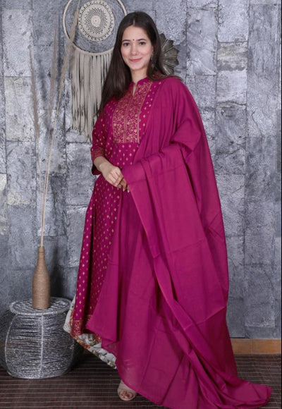 Rani Pink Flower Print Stitched Anarkali Cotton Suit Set with Kurti, Pant & Dupatta