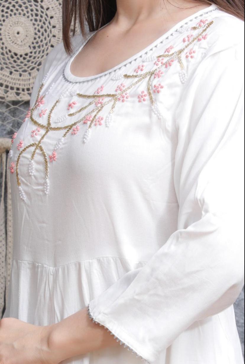 White Flower Print Stitched Anarkali Cotton Suit Set with Kurti, Pant & Dupatta