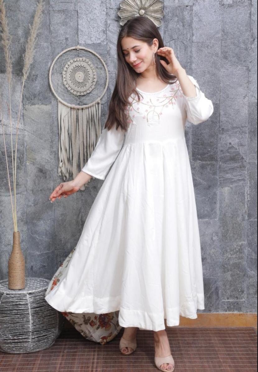 White Flower Print Stitched Anarkali Cotton Suit Set with Kurti, Pant & Dupatta