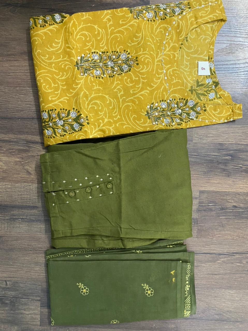 Yellow Flower Print Stitched Anarkali Cotton Suit Set with Kurti, Pant & Dupatta