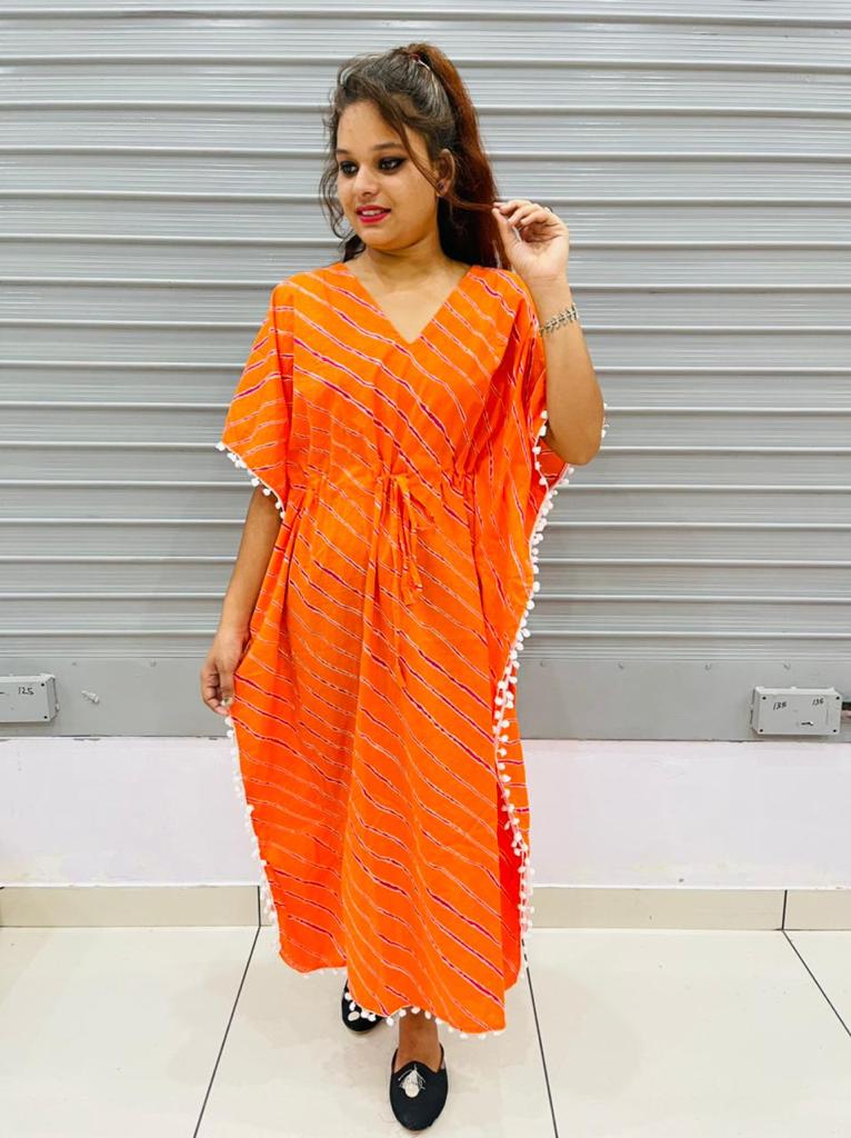 Orange Stripes Print Cotton Kaftan with Pompom Tussels