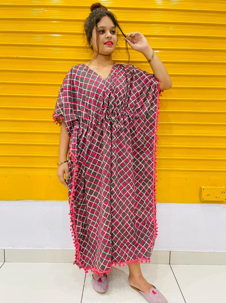 Red Checks Print Cotton Kaftan with Pompom Tussels
