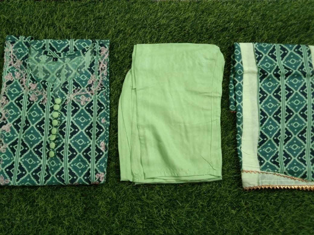 Green Flower Print Stitched Rayon Suit Set with Kurti, Pant & Dupatta