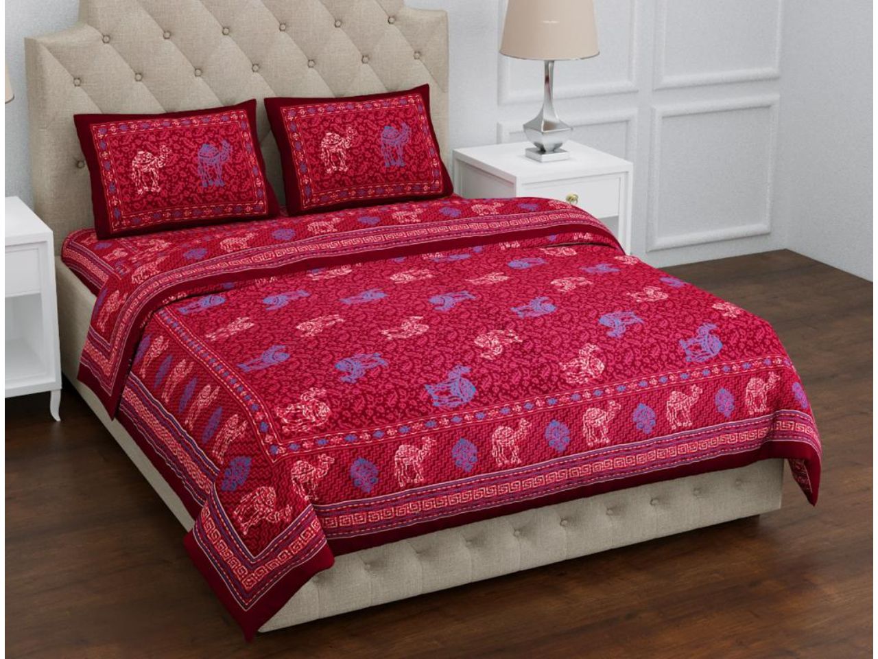 Traditional  Rajasthani Style Red Base Sky Blue & White Camel Print XL 100*108 King Size Pure Cotton Bed Sheet