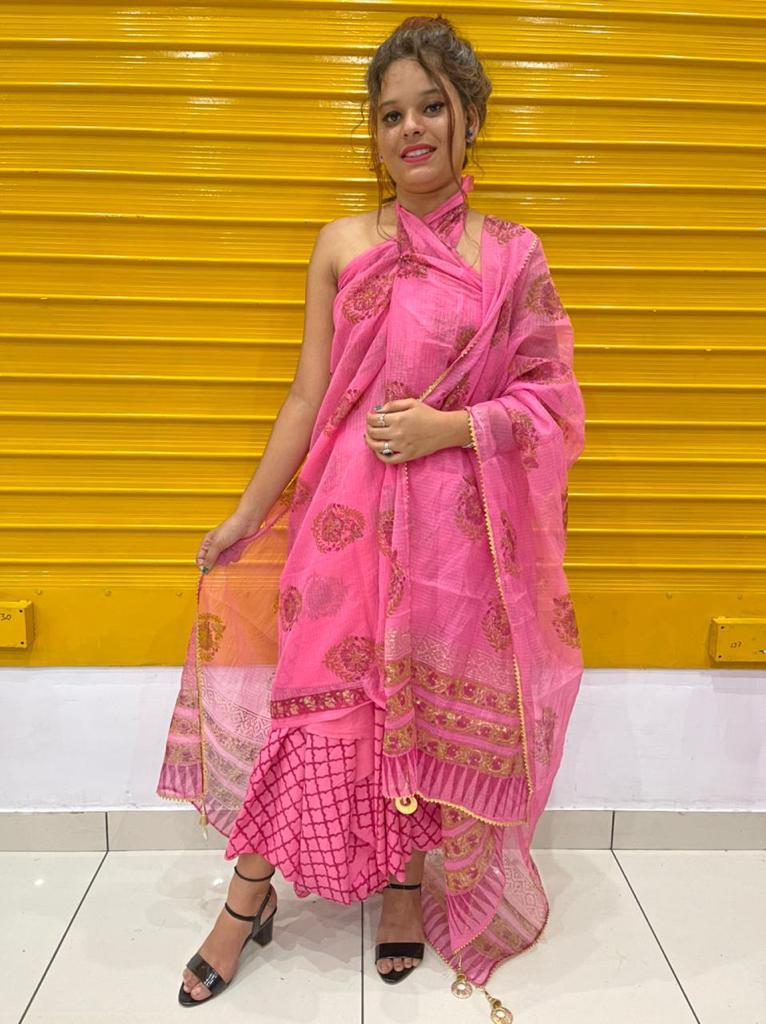Pink Flower Print Kota Doria Unstitched Suit Set with Kota Doria Dupatta
