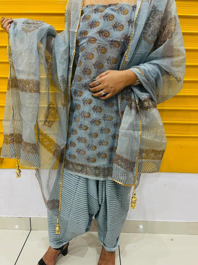 Gray Flower Print Kota Doria Unstitched Suit Set with Kota Doria Dupatta