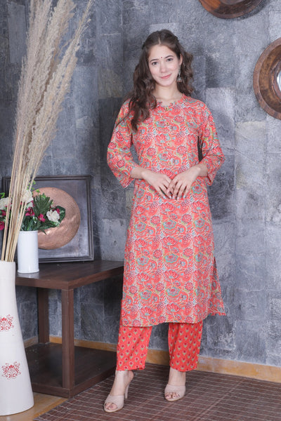 Red Flower Print Cotton Stitched Suit Set with Kurti & Pant