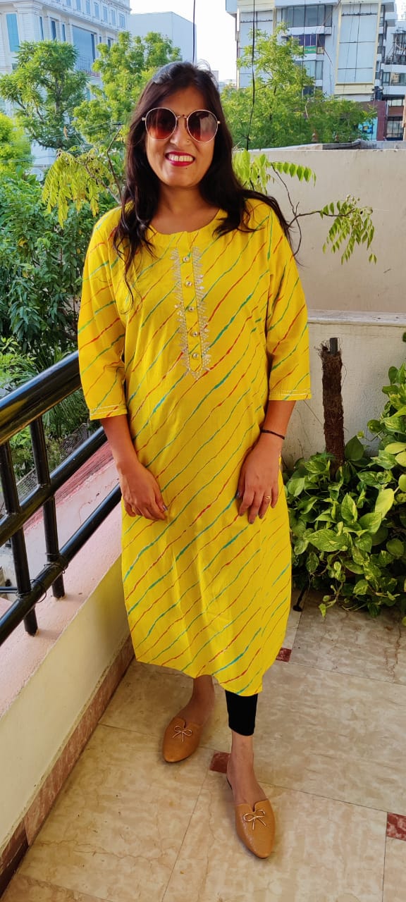 Yellow Lehariya Print Cotton Kurti with Mask