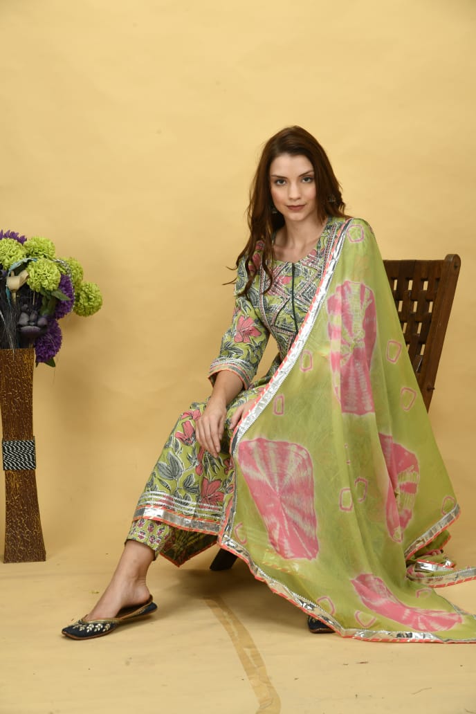 Green Flower Print Cotton Stitched Suit Set with Dupatta
