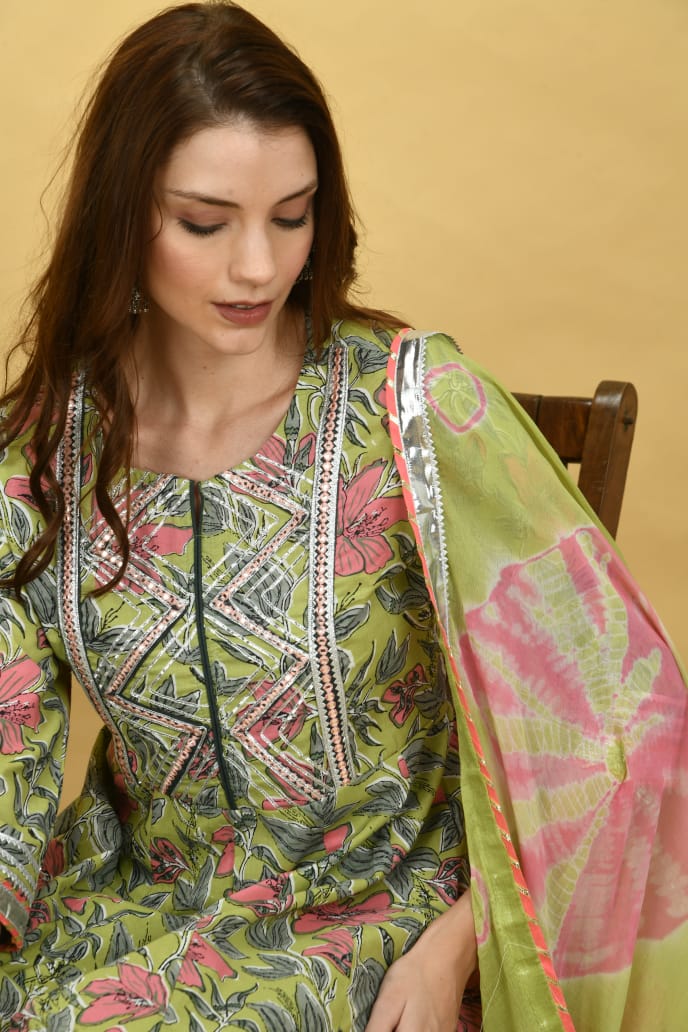 Green Flower Print Cotton Stitched Suit Set with Dupatta