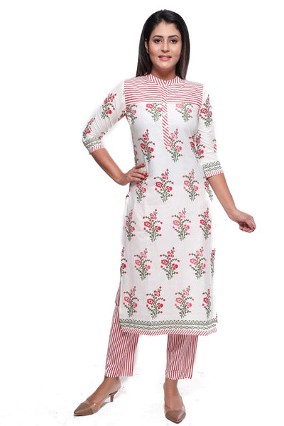 Red Flower Print Cotton Kurti & Pant