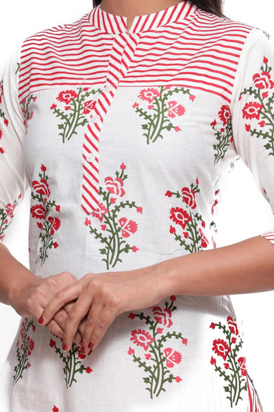 Red Flower Print Cotton Kurti & Pant