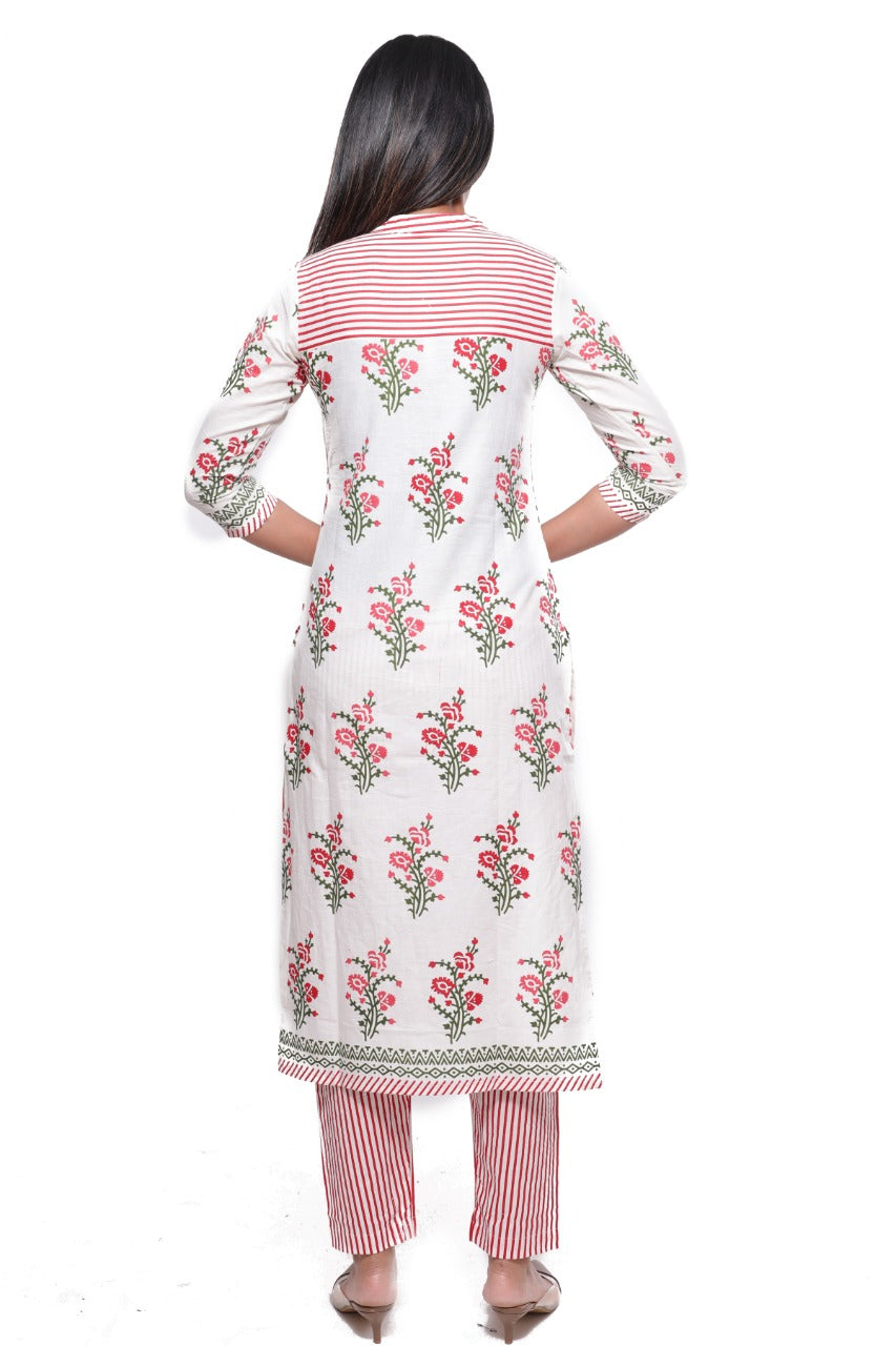 Red Flower Print Cotton Kurti & Pant