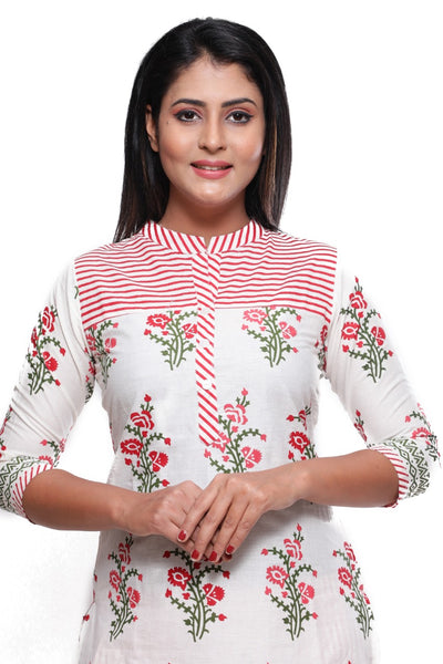 Red Flower Print Cotton Kurti & Pant