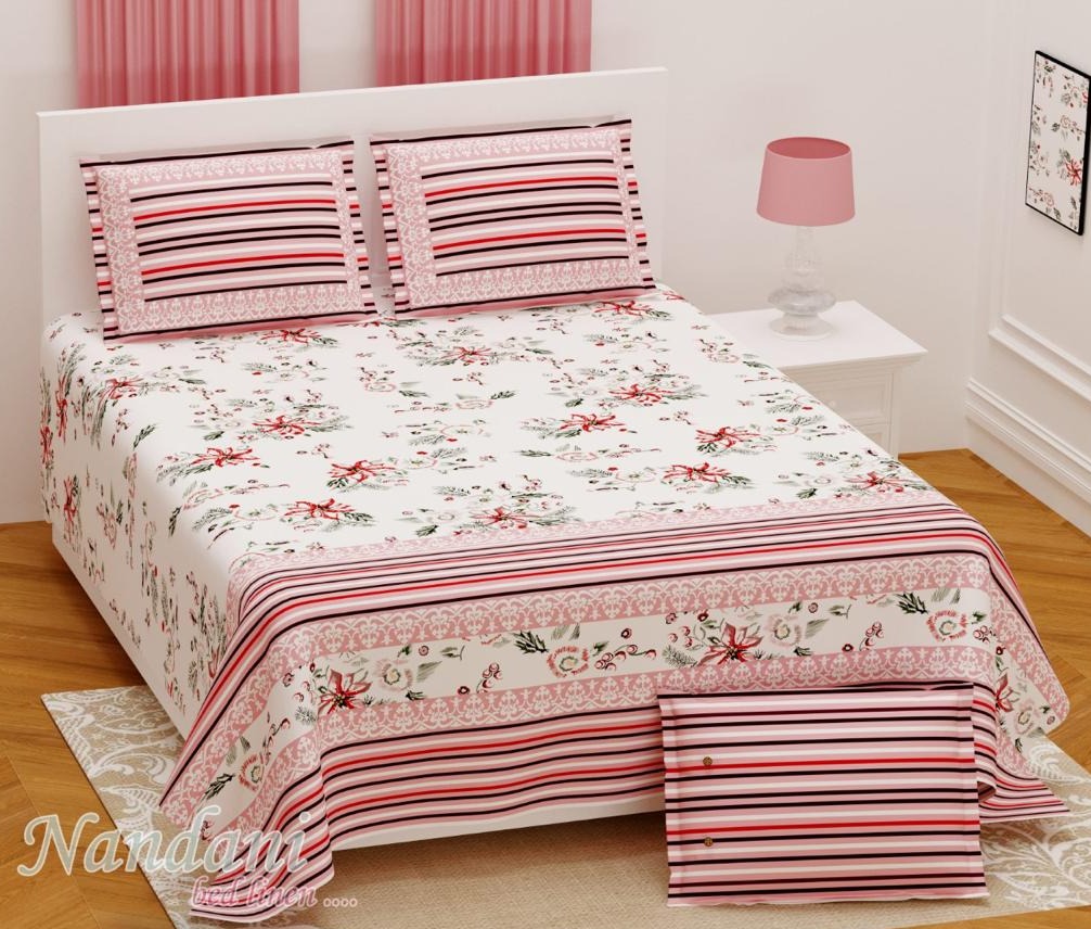 Beautiful Cream Base Pink Flower with Stripes Print 108*108, XXL Size Premium Twill Cotton Rough Look Bed Sheet