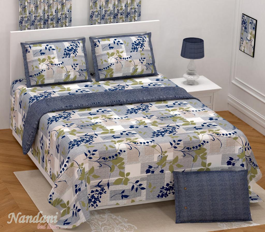 Beautiful Blue & Green Leaves Print 108*108, XXL Size Premium Twill Cotton Rough Look Bed Sheet